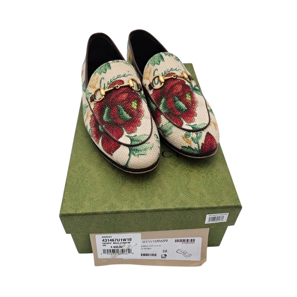 Gucci Jordaan Horsebit Flat Loafer Beige Floral Canvas Slip On Gold Size 38 US 8 - Picture 2 of 11